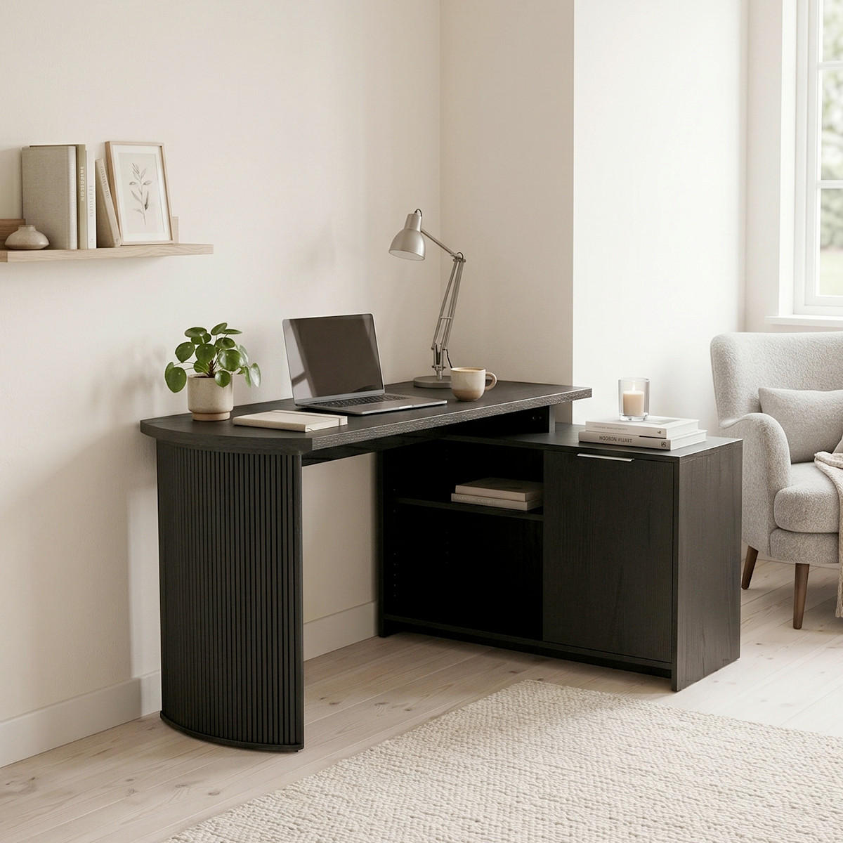 ECKSCHREIBTISCH 150/120/75 cm Schwarz, Eichefarben Kabeldurchlass, Stauraum, seitenverkehrt montierbar  - Eichefarben/Silberfarben, Modern, Holzwerkstoff/Metall (150/120/75cm) - MID.YOU