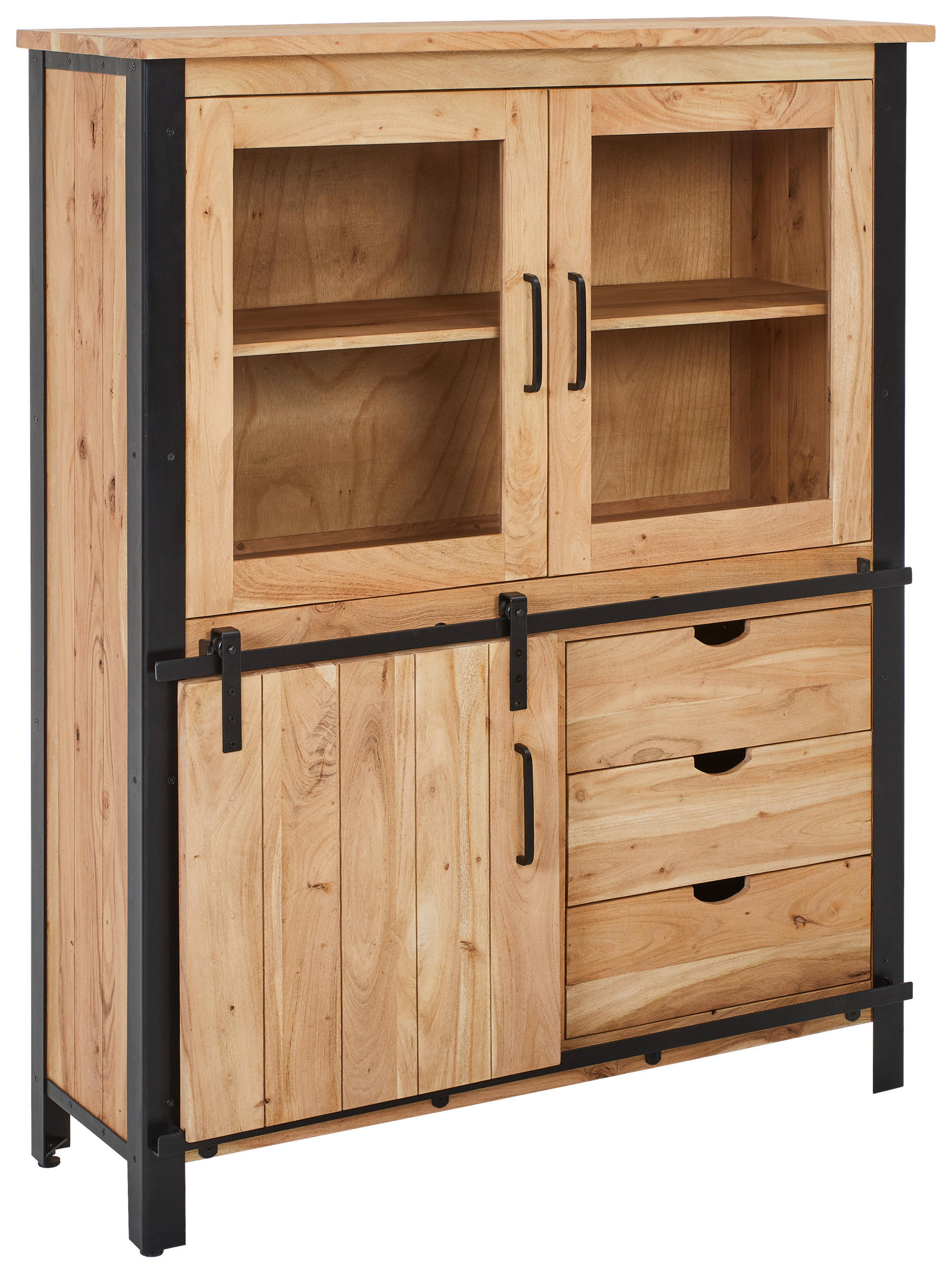 VITRINE  in massiv Akazie Hellbraun, Schwarz  - Hellbraun/Schwarz, MODERN, Glas/Holz (120/150/42cm) - MID.YOU