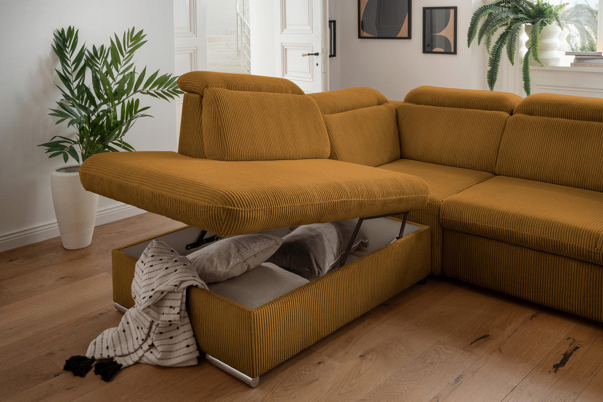 ECKSOFA in Cord Goldfarben  - Chromfarben/Goldfarben, Design, Textil/Metall (228/283cm) - Livetastic