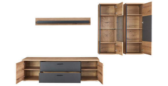 WOHNWAND  in Schwarz, Eichefarben, Dunkelgrau  314,6/208,5/50 cm  - Eichefarben/Dunkelgrau, KONVENTIONELL, Glas/Holzwerkstoff (314,6/208,5/50cm) - Xora
