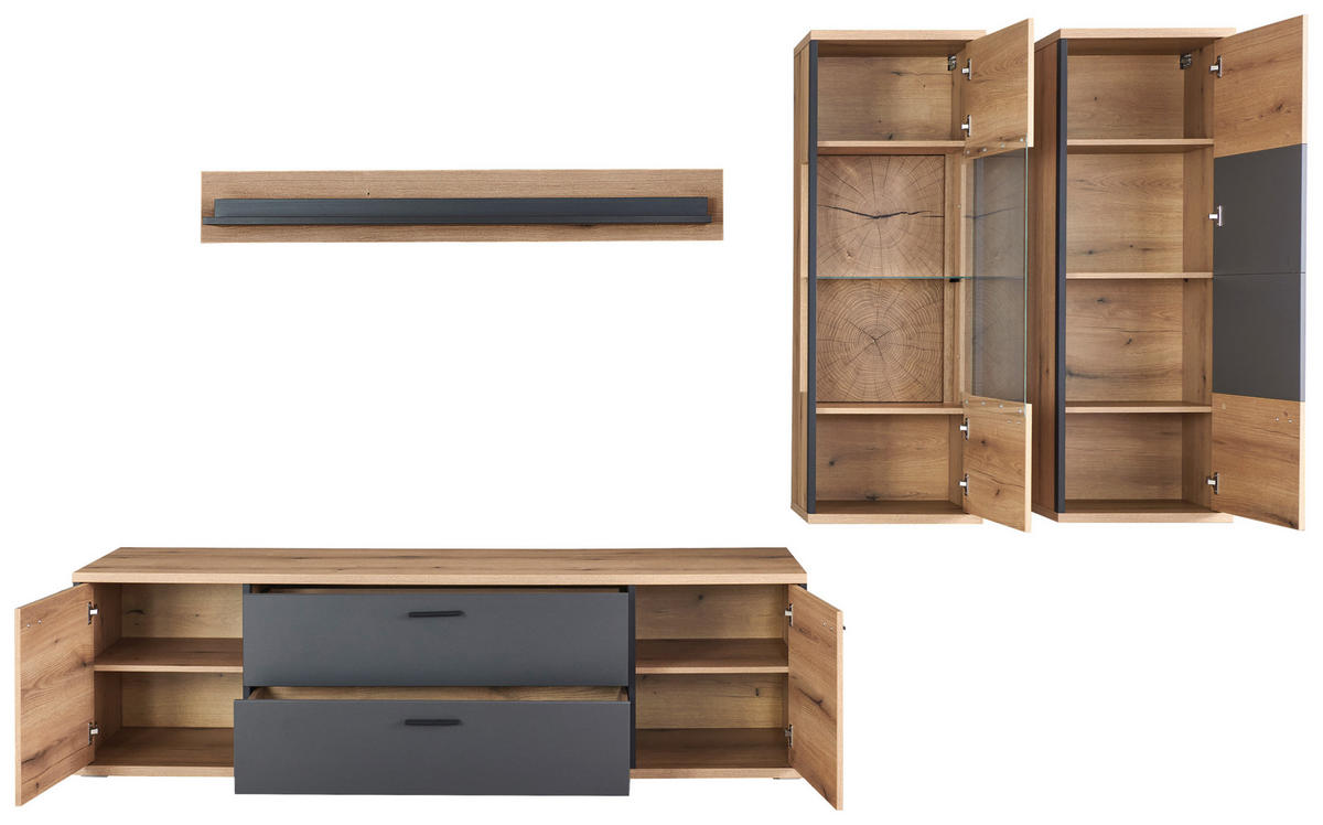 WOHNWAND  in Schwarz, Eichefarben, Dunkelgrau  314,6/208,5/50 cm  - Eichefarben/Dunkelgrau, KONVENTIONELL, Glas/Holzwerkstoff (314,6/208,5/50cm) - Xora