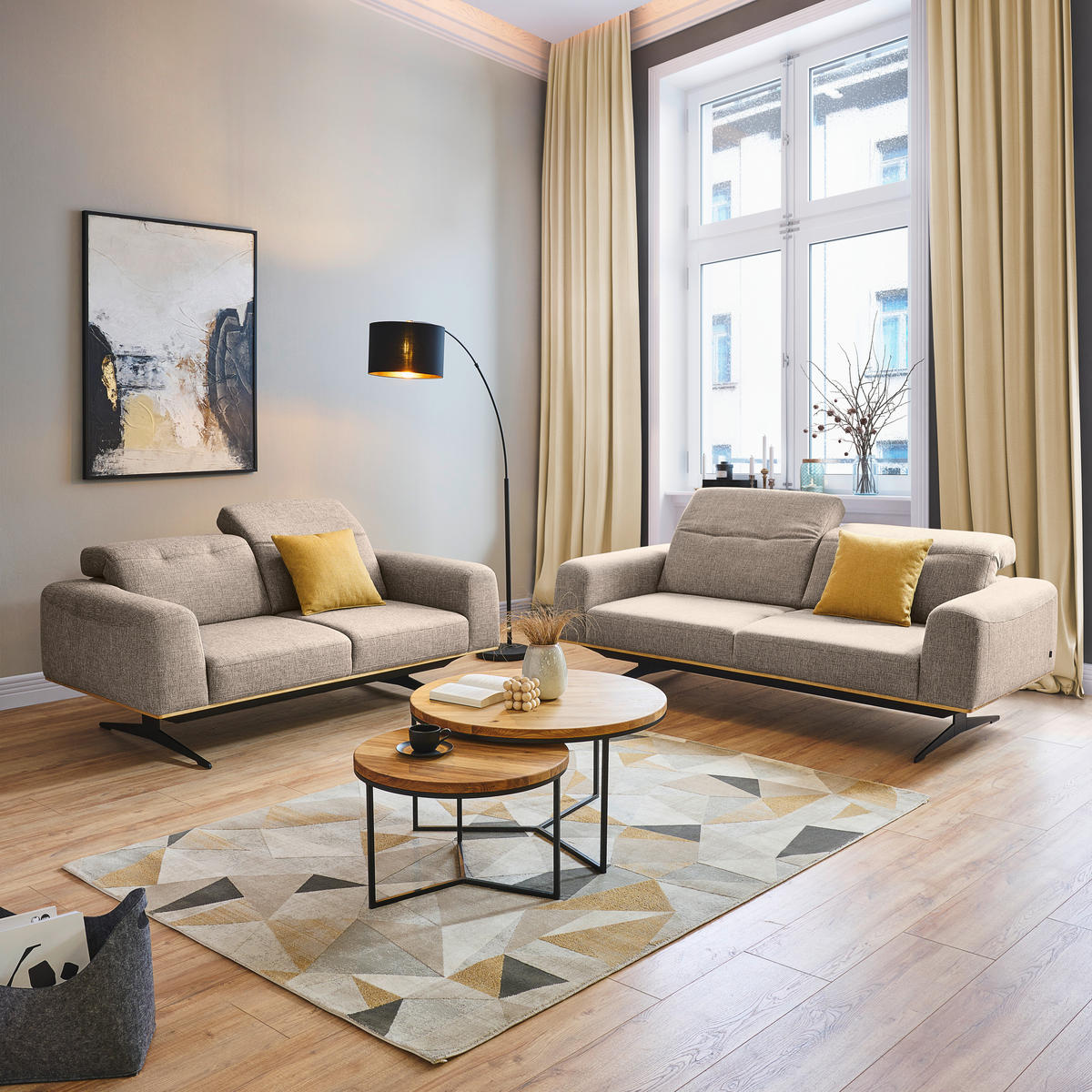 3-SITZER-SOFA Struktur Sandfarben  - Sandfarben/Schwarz, Design, Textil/Metall (205/76-97/102cm) - Novel