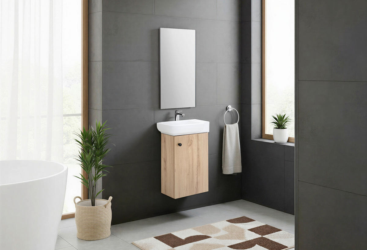 GÄSTEBAD 55 cm  - Eichefarben/Weiß Hochglanz, MODERN, Keramik/Holzwerkstoff (55cm) - MID.YOU