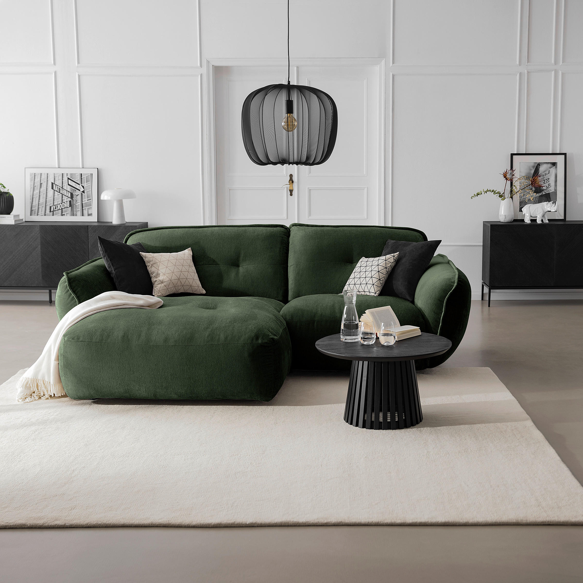 ECKSOFA in Chenille Dunkelgrün  - Dunkelgrün/Schwarz, Modern, Kunststoff/Textil (184/269cm) - Trendmanufaktur