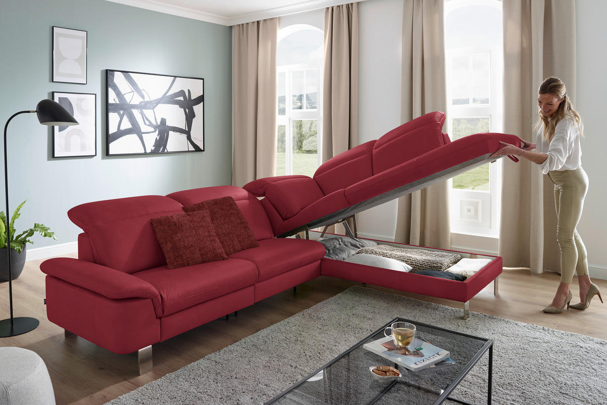 ECKSOFA in Echtleder Rot  309/233 cm  - Edelstahlfarben/Rot, Design, Leder/Metall (309/233cm) - Dieter Knoll