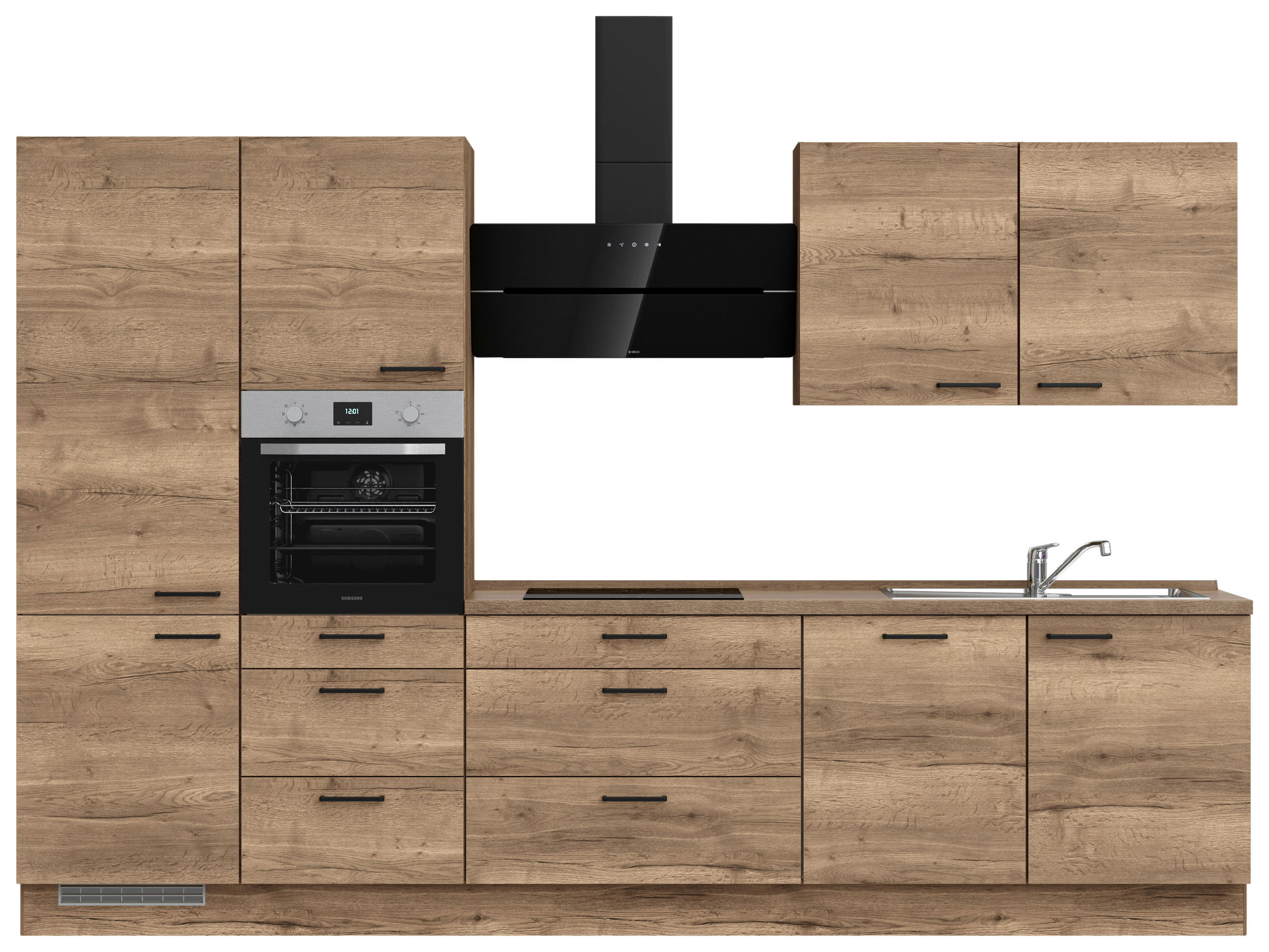 BUCĂTĂRIE FĂRĂ ELECTROCASNICE  - stejar închis la culoare/negru, Modern, metal/material pe bază de lemn (330cm) - Nobilia