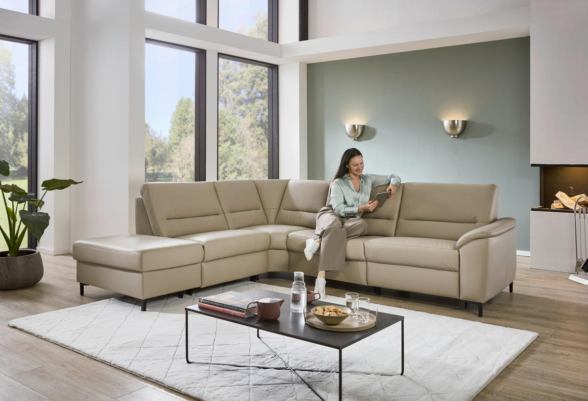 ECKSOFA in Echtleder Perlmutt  249/290 cm  - Perlmutt/Schwarz, KONVENTIONELL, Leder/Metall (249/290cm) - Beldomo Premium