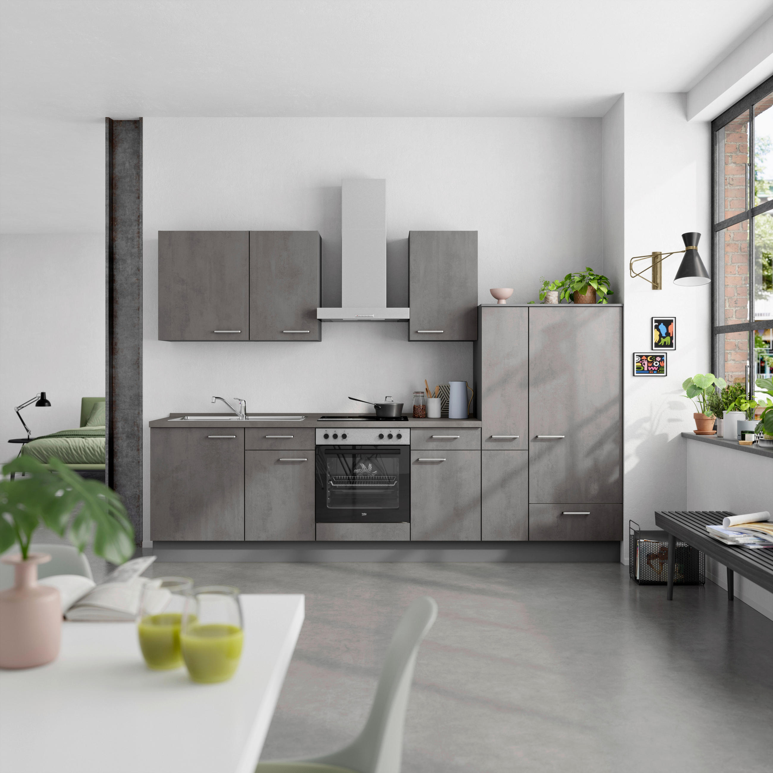 KÜCHENBLOCK Riva 300 cm  in Schieferfarben  - Schieferfarben/Edelstahlfarben, MODERN, Holzwerkstoff/Metall (300cm) - Nobilia