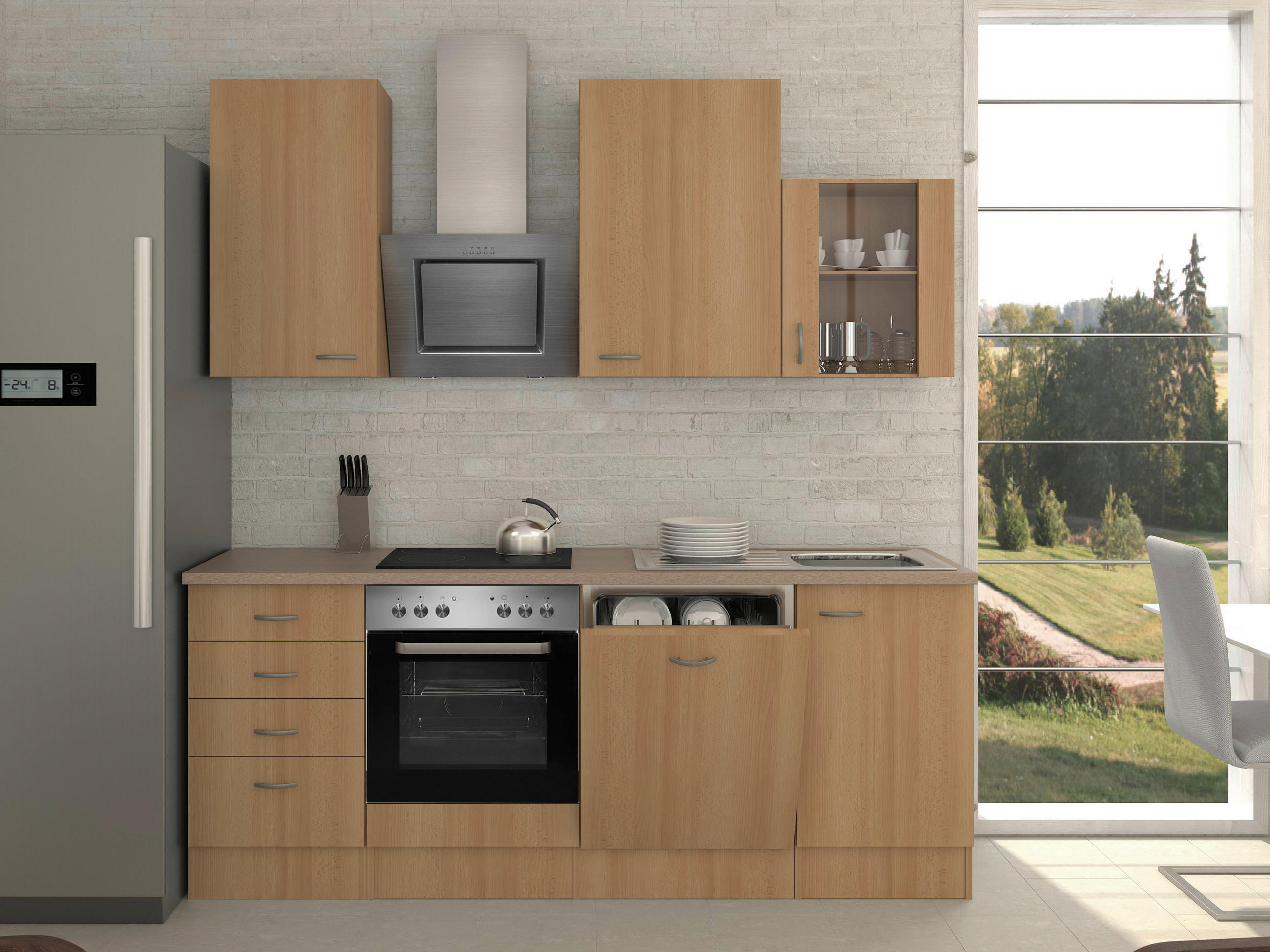 KÜCHENBLOCK 220 cm in Buchefarben - Edelstahlfarben/Beige, MODERN, Glas/Holzwerkstoff (220cm) - FlexWell