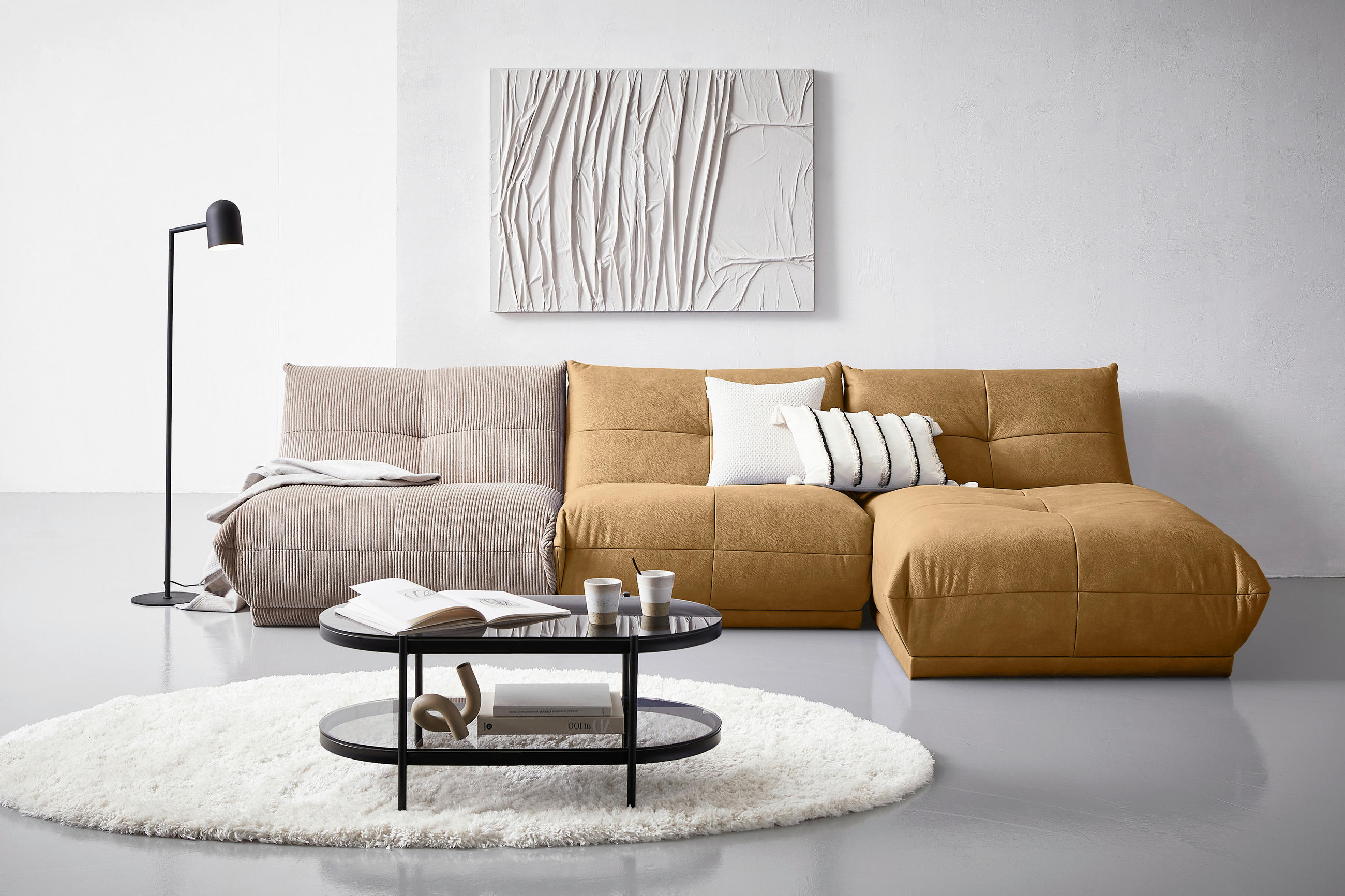 ECKSOFA in Cord, Lederlook Taupe, Hellbraun  - Taupe/Hellbraun, Trend, Textil (315/185cm) - Livetastic