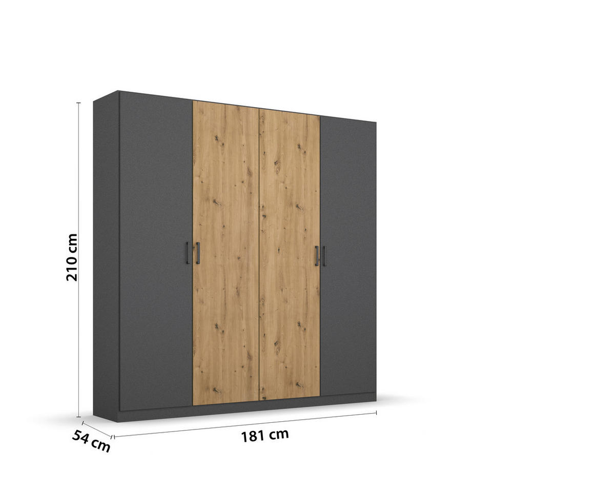 DREHTÜRENSCHRANK  in Grau, Eiche Artisan  - Eiche Artisan/Grau, MODERN, Holzwerkstoff/Kunststoff (181/210/54cm) - Rauch Möbel