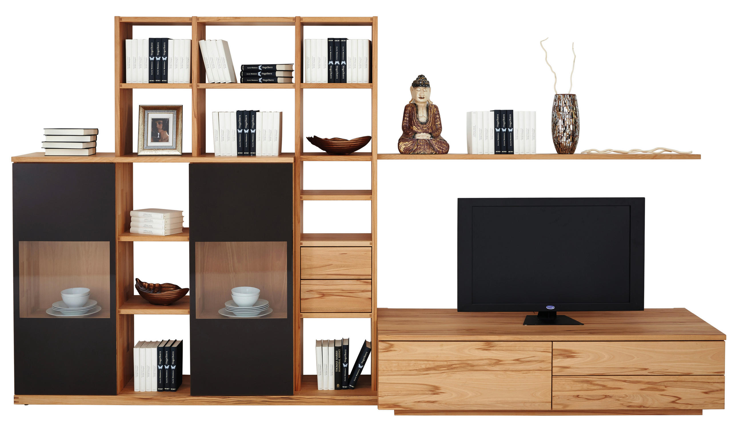 WOHNWAND  in Buchefarben, Dunkelbraun  335/187,3/58 cm  - Dunkelbraun/Buchefarben, Design, Glas/Holz (335/187,3/58cm) - Team 7