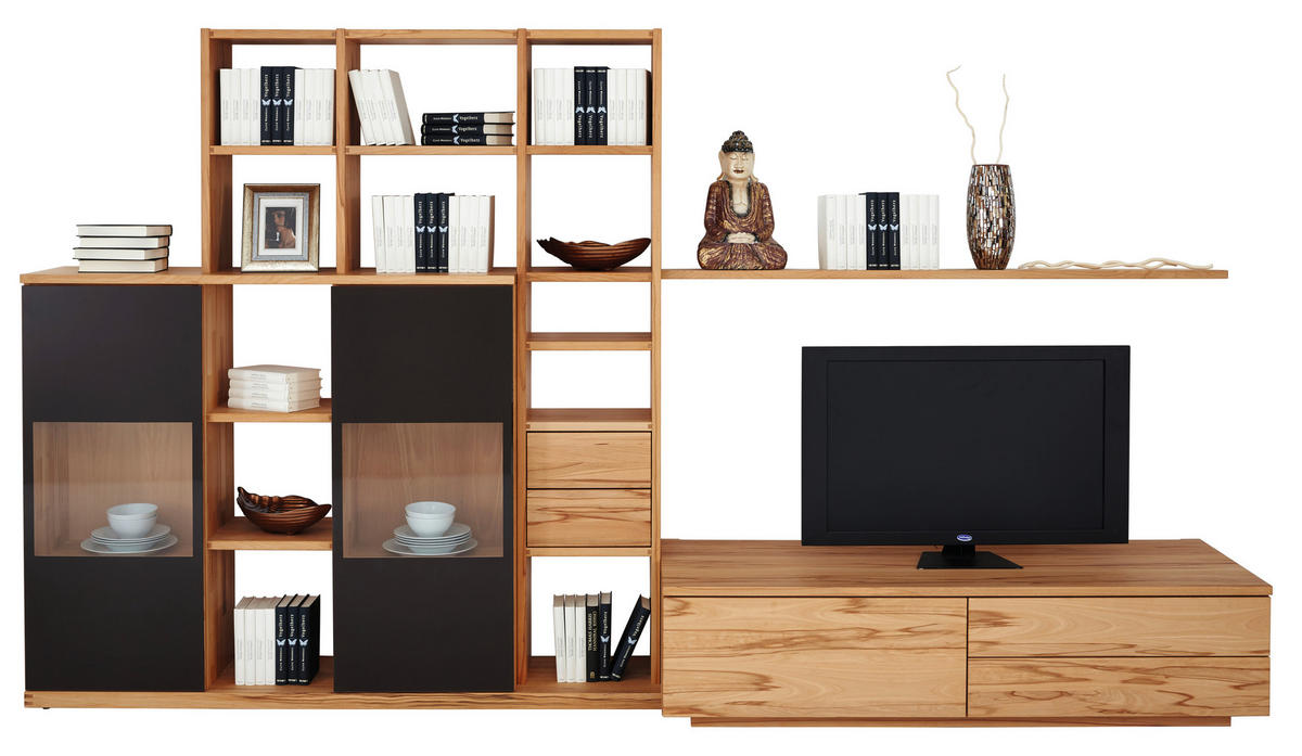 WOHNWAND  in Buchefarben, Dunkelbraun  335/187,3/58 cm  - Dunkelbraun/Buchefarben, Design, Glas/Holz (335/187,3/58cm) - Team 7