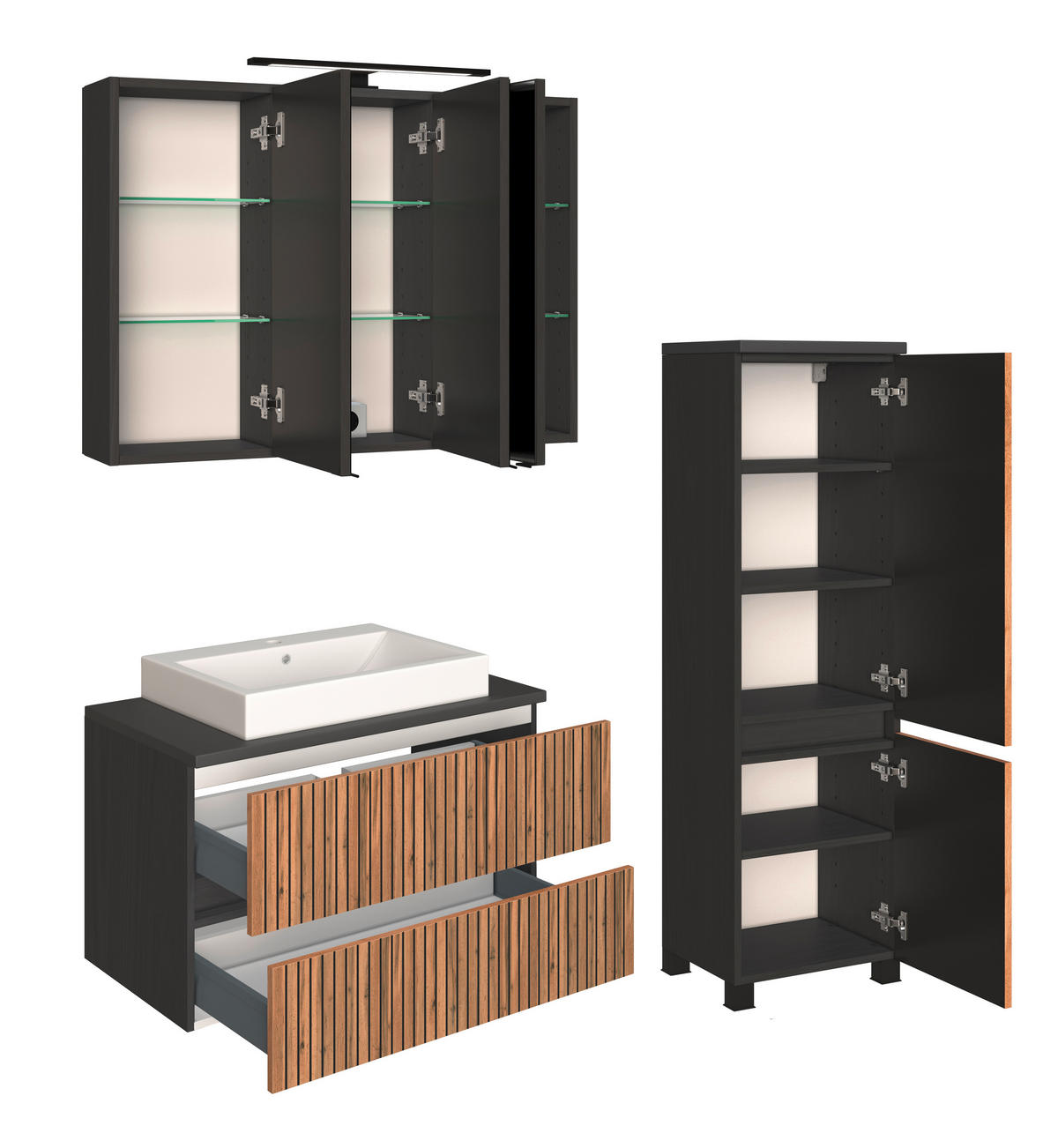 BADEZIMMER  in 130 cm  - Eiche Wotan/Graphitfarben, KONVENTIONELL, Glas/Keramik (130cm) - Xora