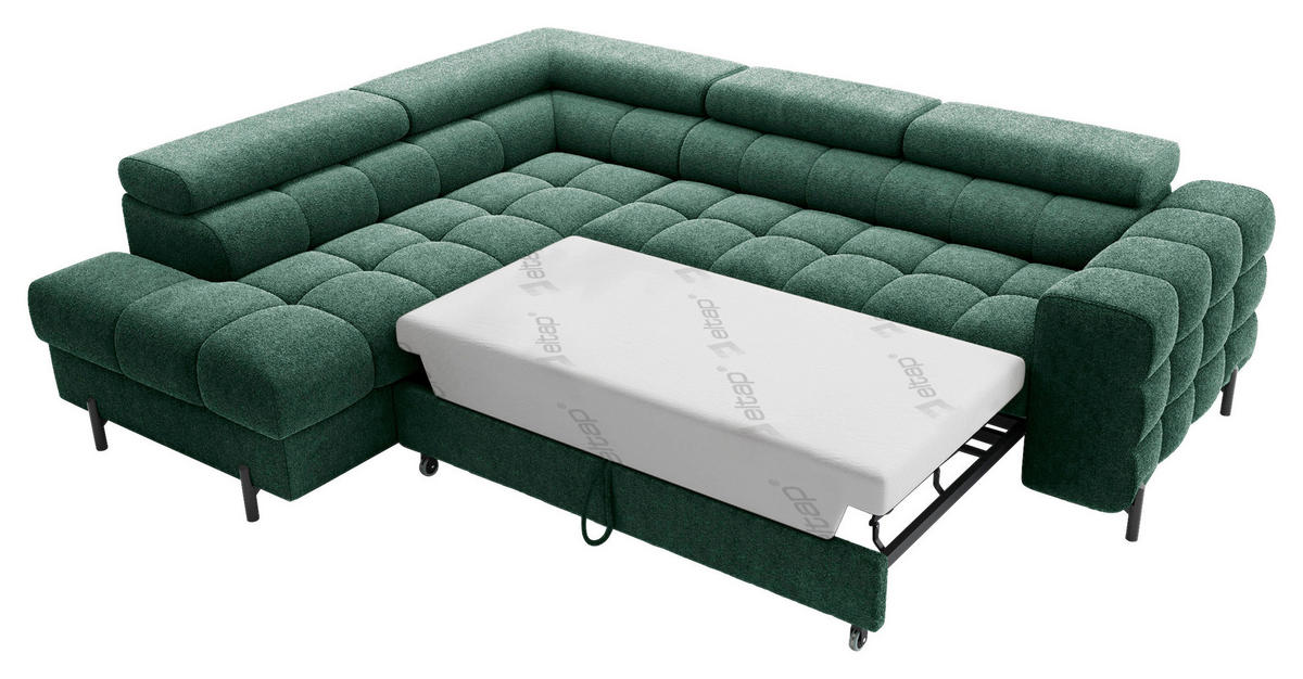 ECKSOFA FERUCCE Dunkelgrün Teddystoff Bettkasten, Kopfteilverstellung  - Dunkelgrün/Schwarz, Design, Textil/Metall (200/276cm) - MID.YOU