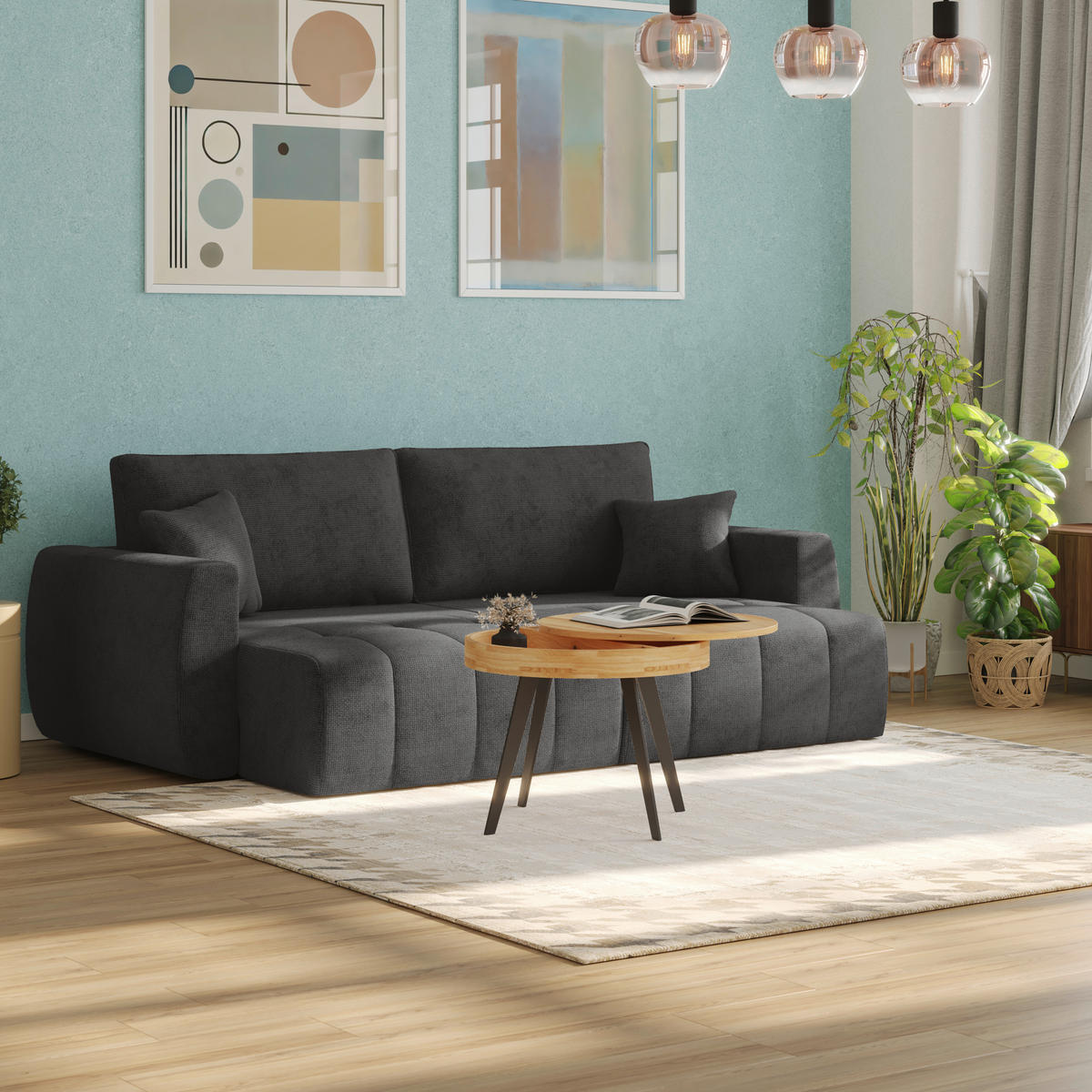 SCHLAFSOFA  mit Stoffauswahl Webstoff Graphitfarben  - Schwarz/Graphitfarben, MODERN, Holz/Textil (245/74-90/104cm) - MID.YOU