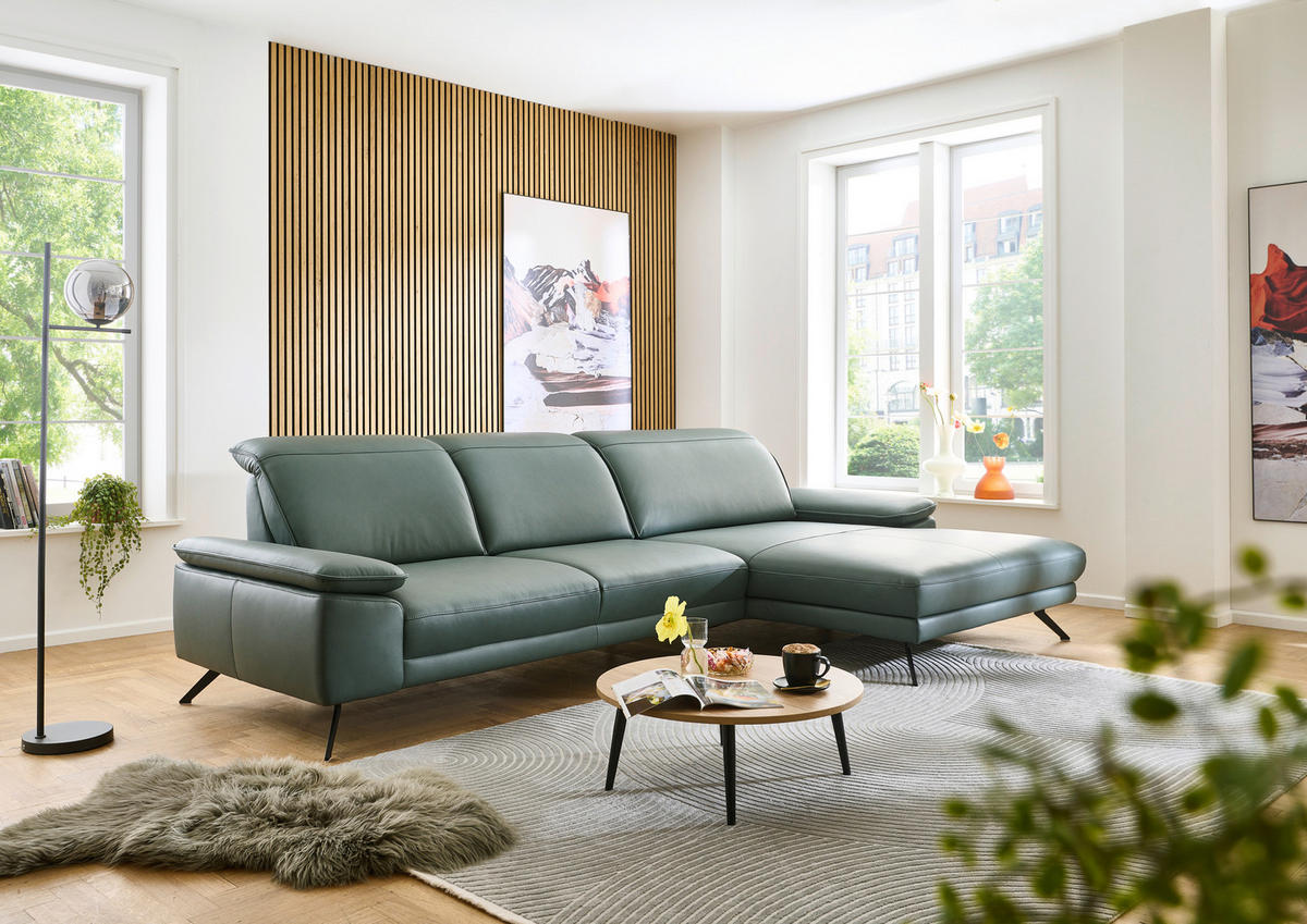 ECKSOFA Opal Echtleder  - Opal/Schwarz, Design, Leder/Metall (332/193cm) - Dieter Knoll