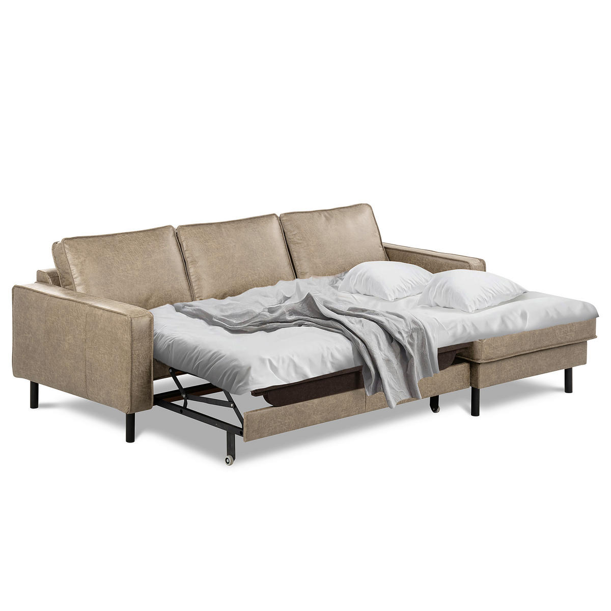 ECKSOFA Hellgrau Echtleder Lederlook Bettkasten, Schlaffunktion, Rücken echt  - Hellgrau/Schwarz, Design, Leder/Textil (166/238cm) - Livetastic