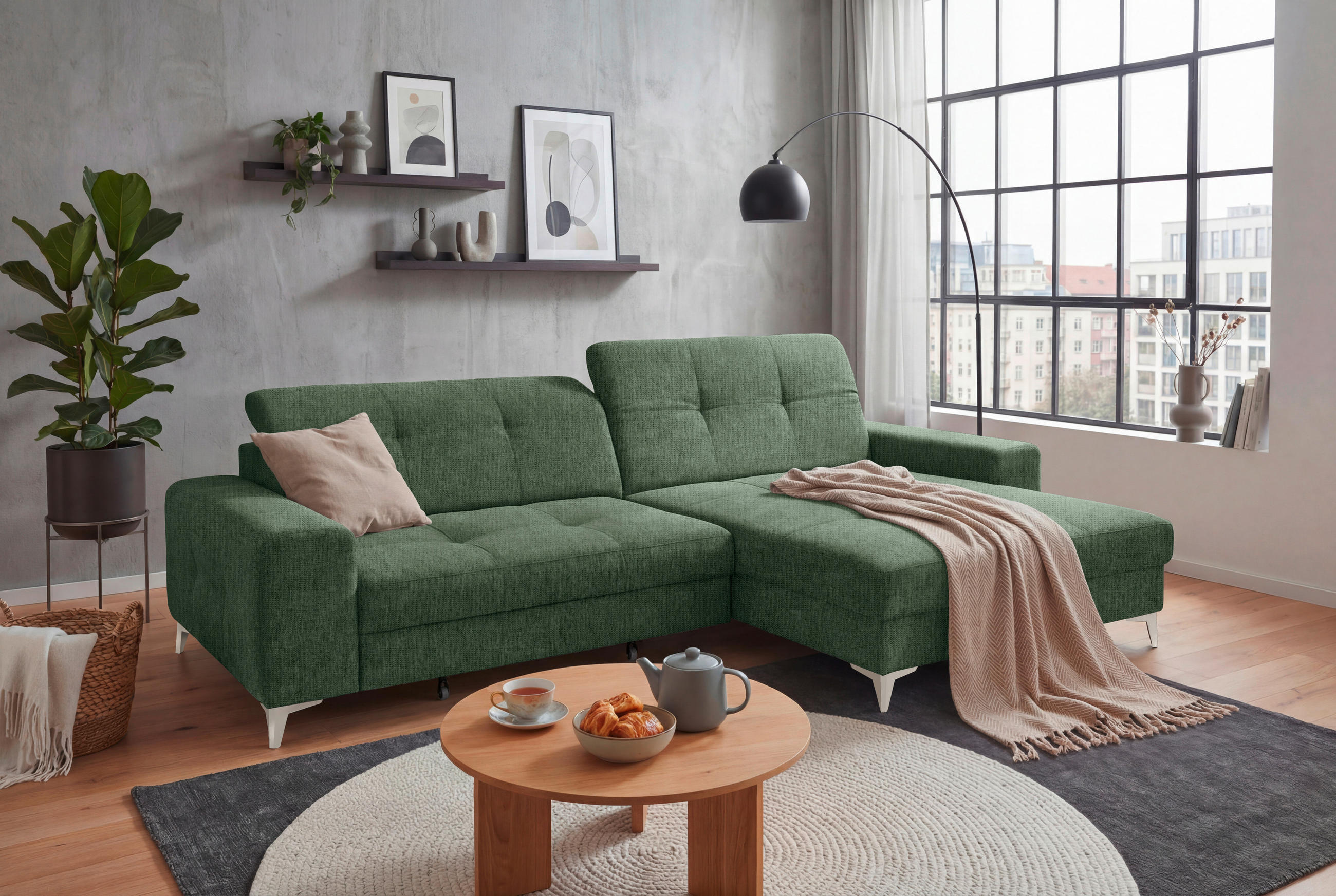 ECKSOFA Mikrovelours Dunkelgrün  - Kaschmir/Dunkelgrün, Design, Kunststoff/Textil (328/182cm) - MID.YOU