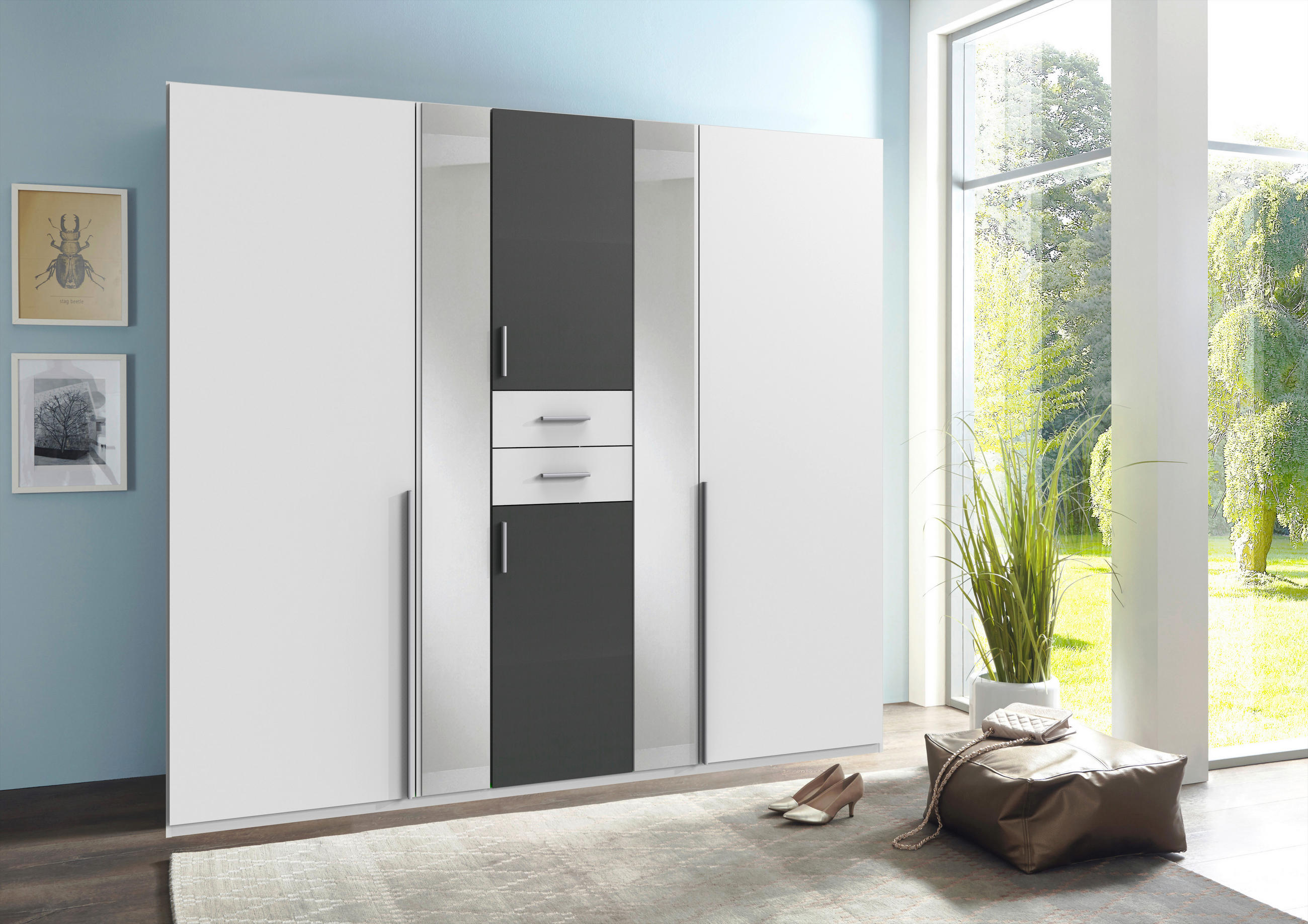 KLEIDERSCHRANK 225/208/58 cm,  in Graphitfarben, Weiß, 6-türig  - Alufarben/Graphitfarben, KONVENTIONELL, Glas/Holzwerkstoff (225/208/58cm) - Carryhome