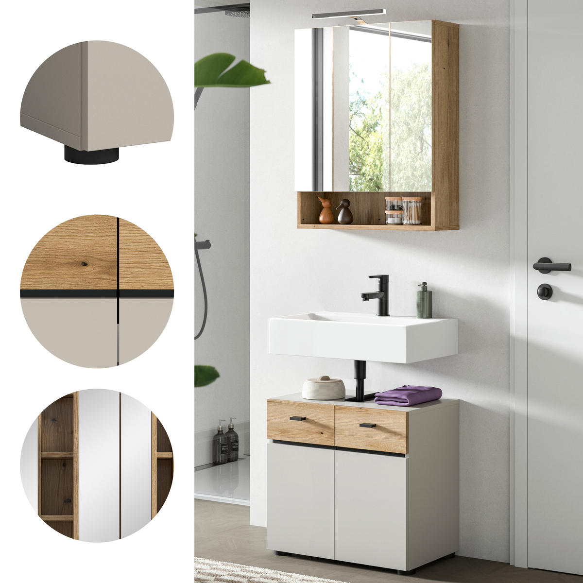 BADEZIMMER 2-teilig  in 60 cm  - Kaschmir/Eichefarben, Trend, Glas/Holzwerkstoff (60cm) - MID.YOU