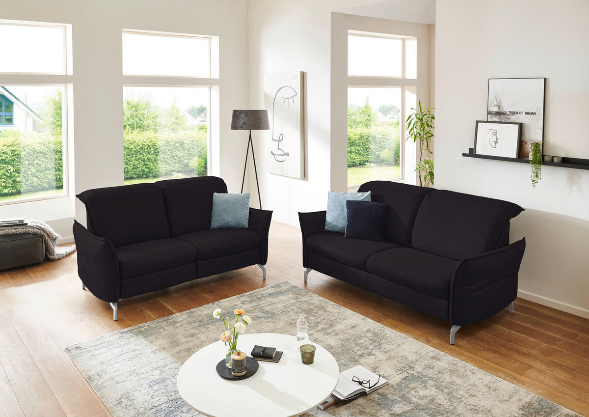 2,5-SITZER in Lederlook (vegan) Schwarz  - Schwarz/Nickelfarben, Modern, Textil/Metall (185/89/109cm) - Livetastic