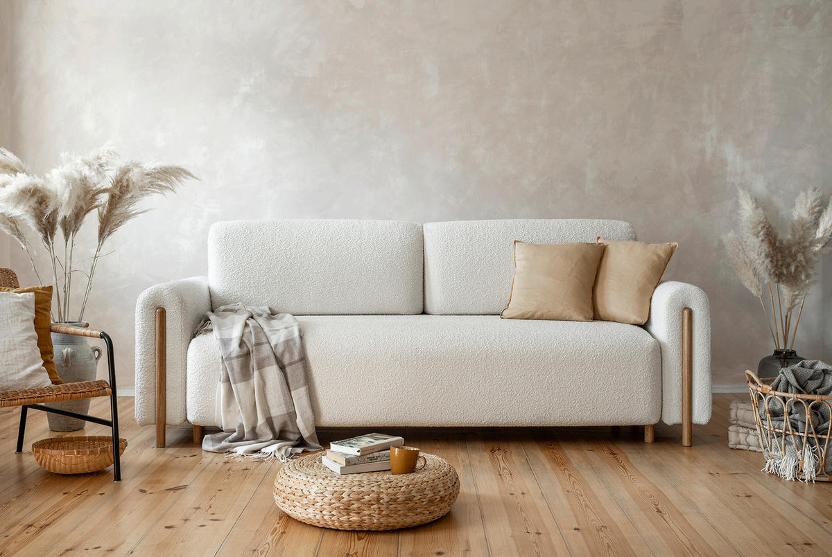 SCHLAFSOFA in Bouclé Naturfarben, Beige  - Eichefarben/Beige, Design, Holz/Textil (244/97/97cm) - MID.YOU