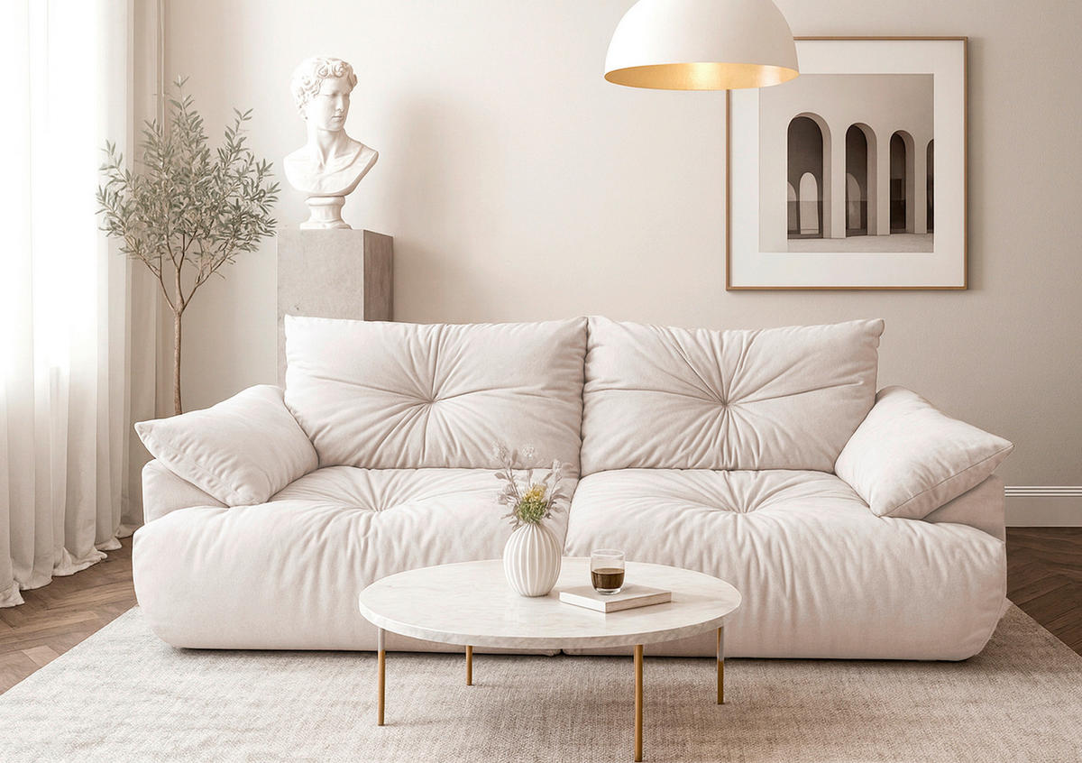 BIGSOFA Webstoff Creme  - Creme/Schwarz, KONVENTIONELL, Kunststoff/Textil (243/90,5/130cm) - Ambia Home