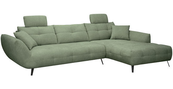 ECKSOFA Salbeigrün Chenille Armlehnenkissen, Rücken echt, Sitztiefenverstellung  - Salbeigrün/Schwarz, KONVENTIONELL, Textil/Metall (313/215cm) - Hom`in