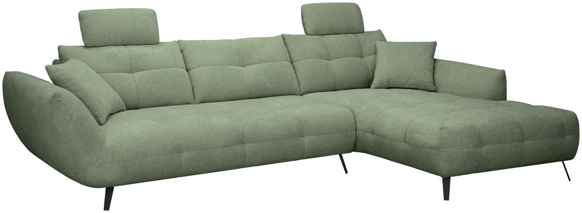 ECKSOFA Salbeigrün Chenille Armlehnenkissen, Rücken echt, Sitztiefenverstellung  - Salbeigrün/Schwarz, KONVENTIONELL, Textil/Metall (313/215cm) - Hom`in