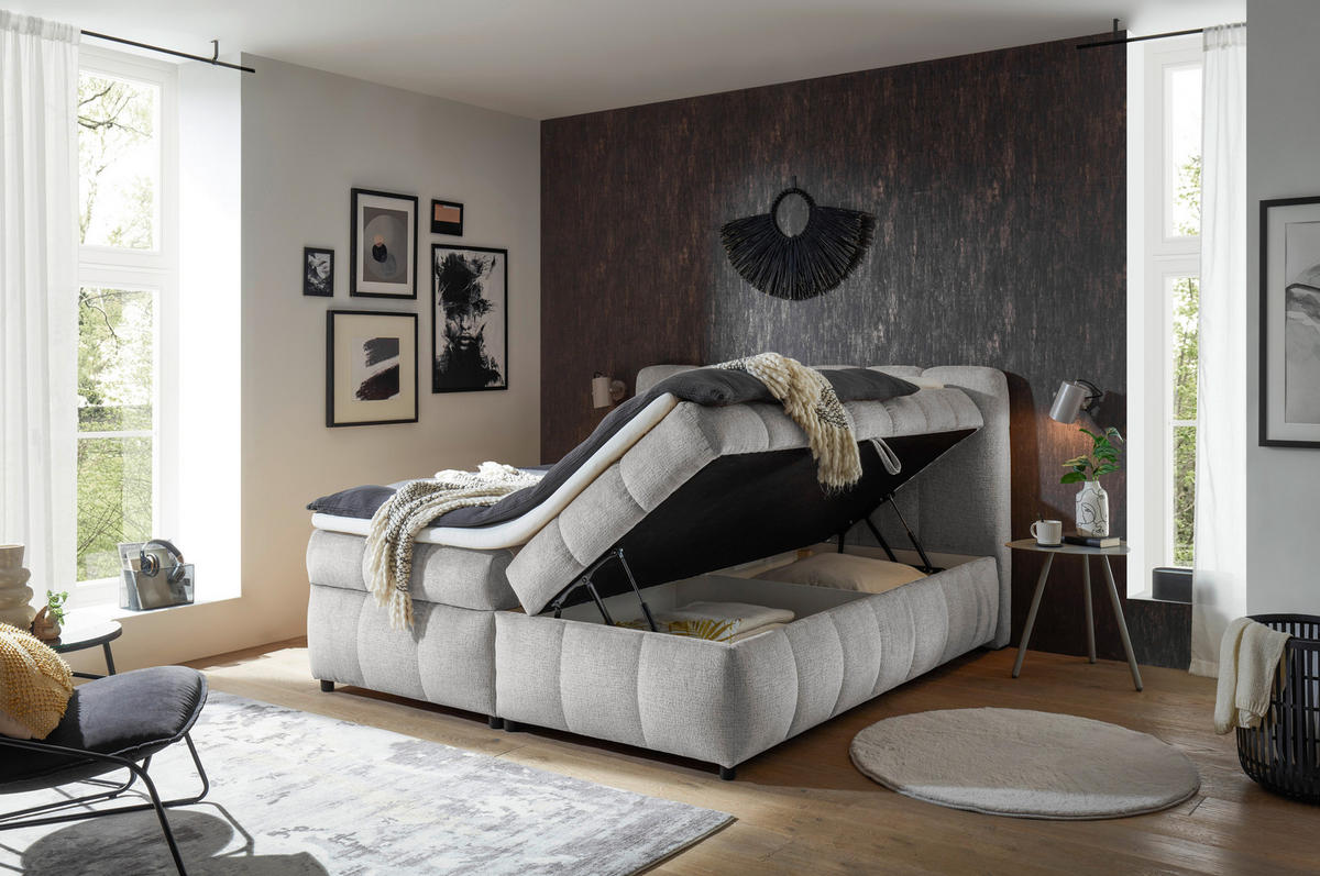 BOXBETT 180/200 cm,  in Hellgrau, Bettkasten, Topper, H2 + H2 = mittel  - Hellgrau/Schwarz, Design, Kunststoff/Textil (180/200cm) - Esposa