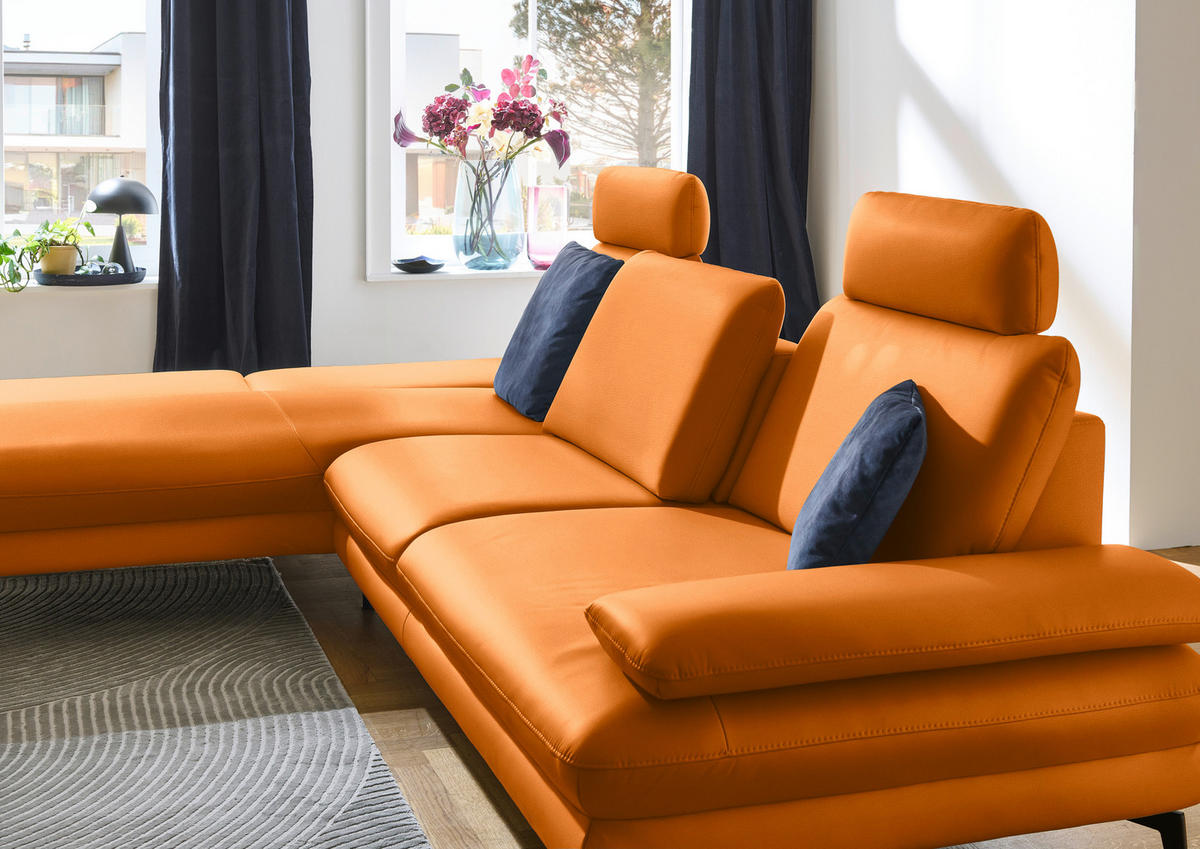 ECKSOFA in Echtleder Orange  195/308 cm  - Schwarz/Orange, Design, Leder/Metall (195/308cm) - Dieter Knoll