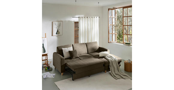 ECKSOFA Braun Flachgewebe Bettkasten, Schlaffunktion, Rücken echt, Kopfstütze, Liegefläche im Originalstoff  - Buchefarben/Braun, KONVENTIONELL, Holz/Textil (241/166cm) - Carryhome