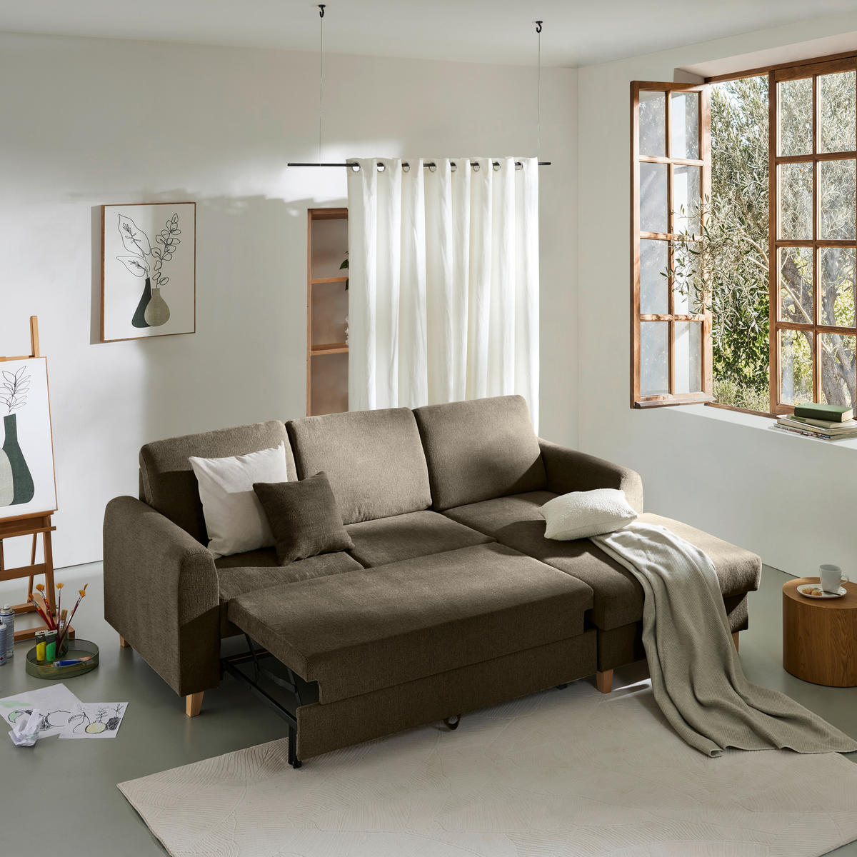 ECKSOFA Braun Flachgewebe  - Buchefarben/Braun, KONVENTIONELL, Holz/Textil (241/166cm) - Carryhome