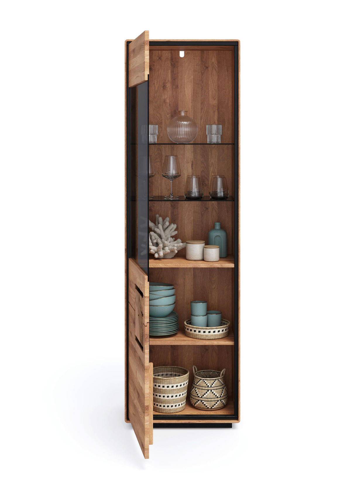 VITRINE  in massiv Wildeiche Schwarz, Wildeiche  - Wildeiche/Schwarz, Basics, Glas/Holz (60/203/40cm) - Livetastic