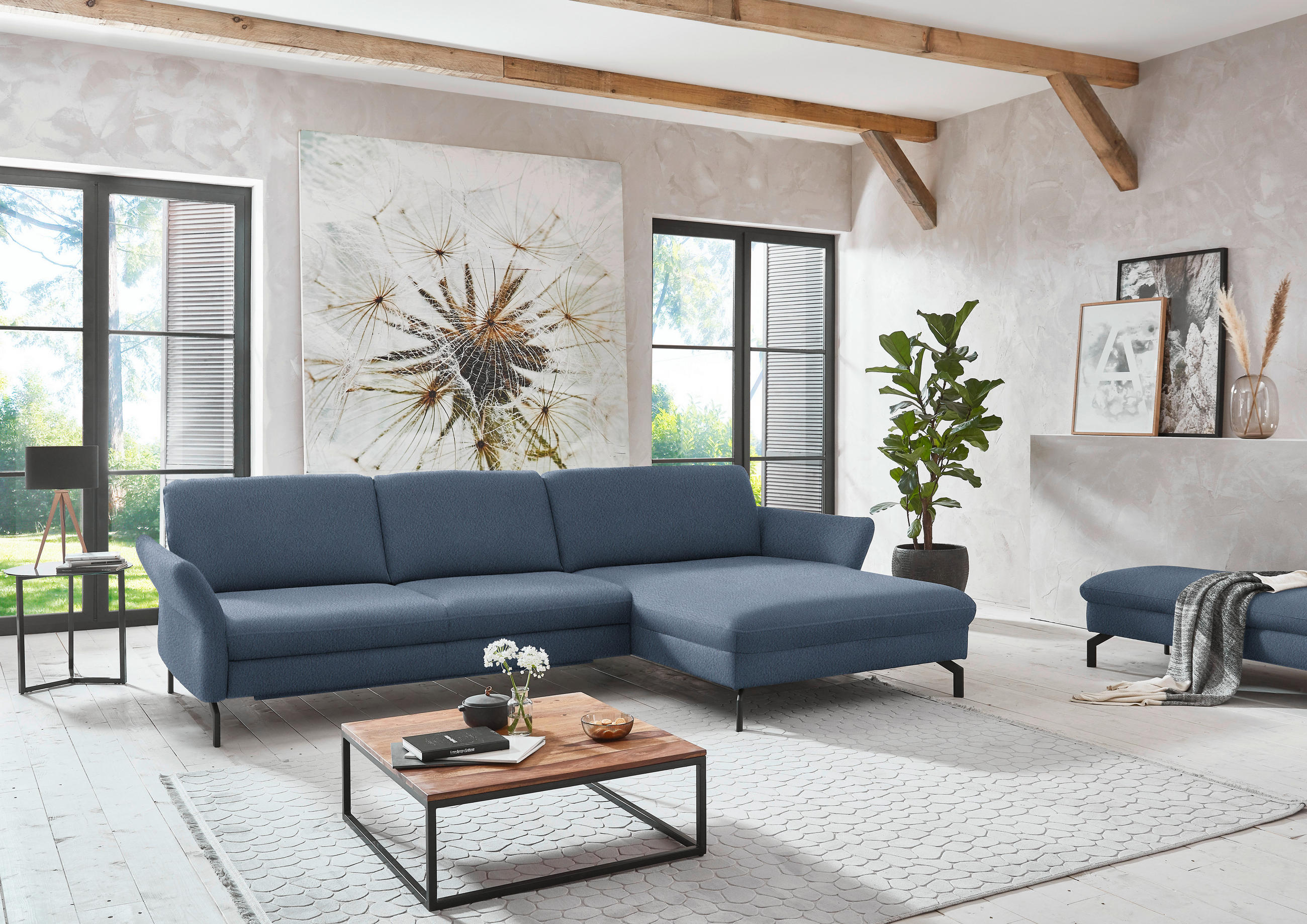 ECKSOFA in Velours Blau  - Blau/Schwarz, Design, Textil/Metall (306/179cm) - Beldomo System