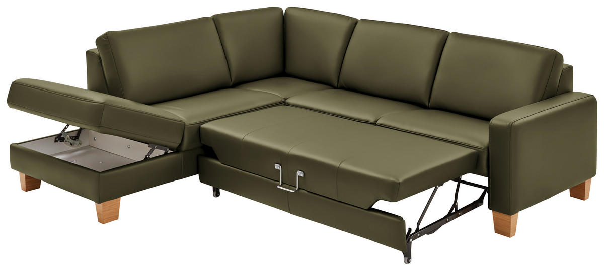 ECKSOFA in Echtleder Grün  - Eiche Bianco/Grün, Natur, Leder/Holz (235/257cm) - Valdera