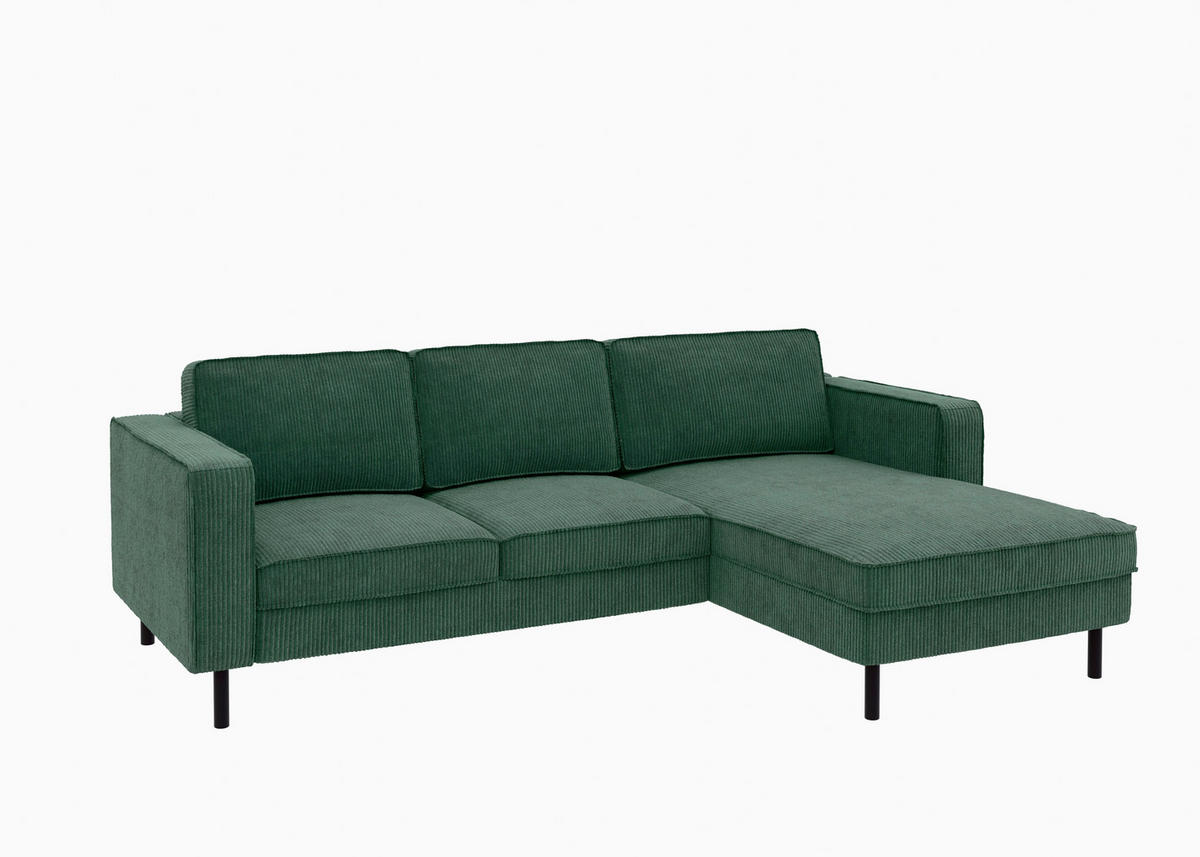 ECKSCHLAFSOFA WATKINS  mit Schlafen auf Sitzhöhe, Rücken echt, Armteil links, Armteil rechts Cord Dunkelgrün  - Dunkelgrün/Schwarz, MODERN, Textil/Metall (232/161cm) - Trendmanufaktur