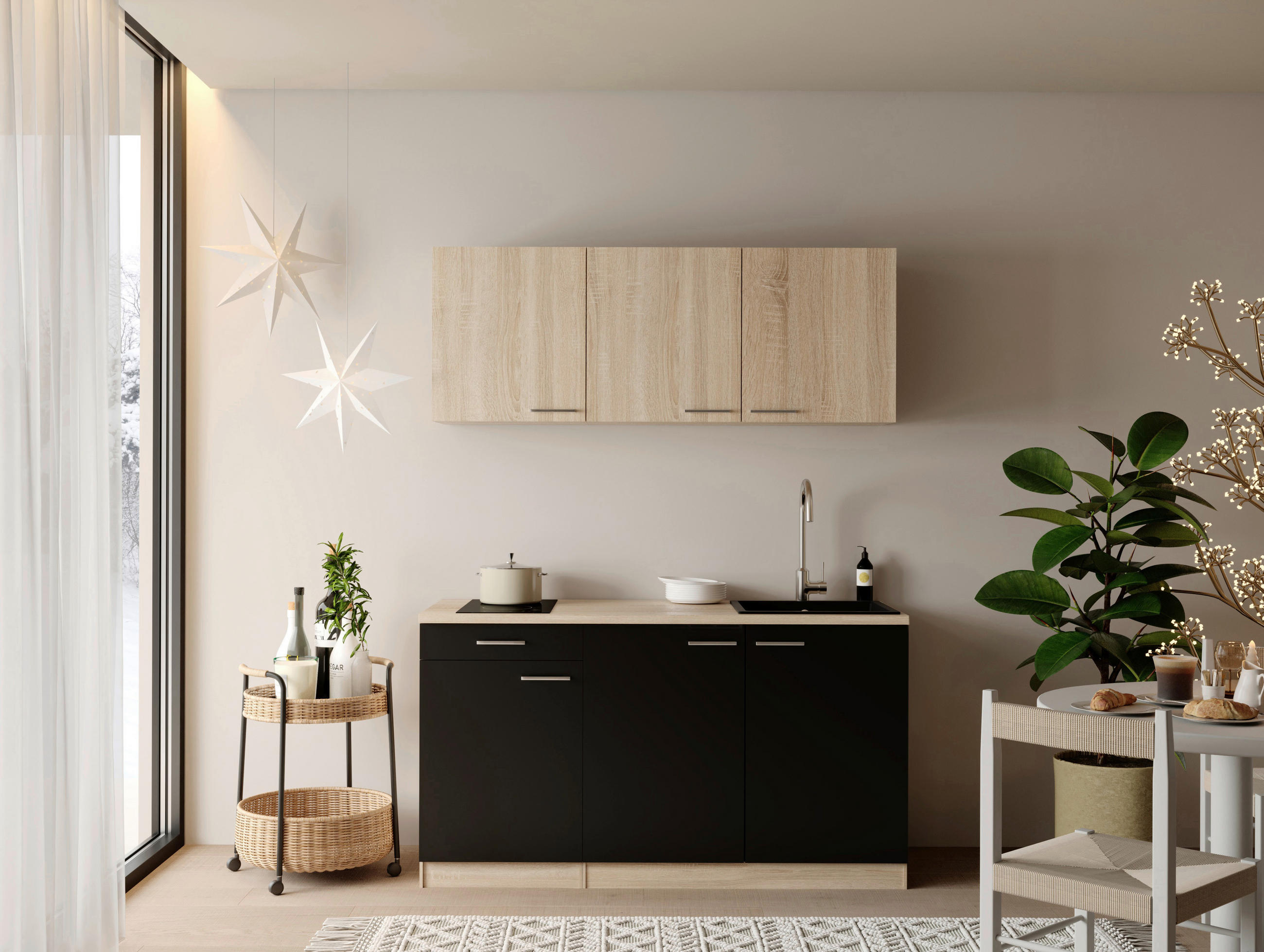 MAJHNA KUHINJA - črna/barve hrasta, Design, umetna masa/leseni material (150cm) - Respekta