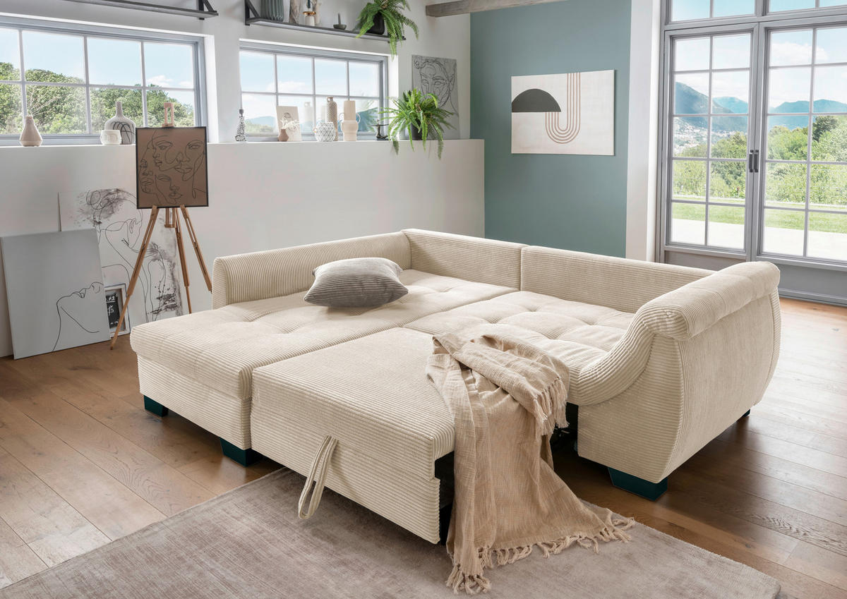 ECKSOFA in Cord Beige  - Beige/Graubraun, Design, Holz/Textil (190/250cm) - MID.YOU