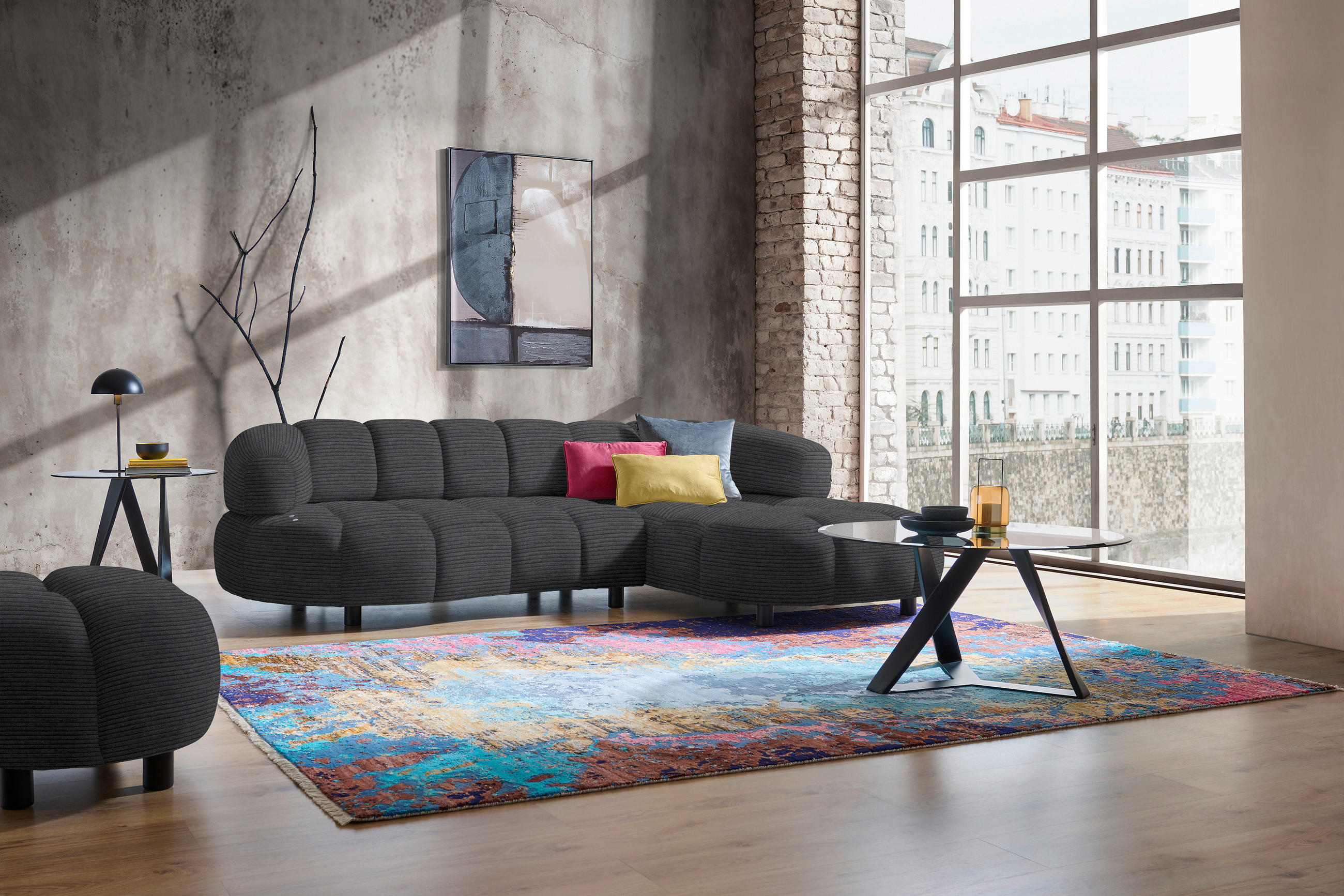 ECKSOFA in Cord, Velours Anthrazit  - Anthrazit/Schwarz, Design, Holz/Textil (284/183cm) - Welnova