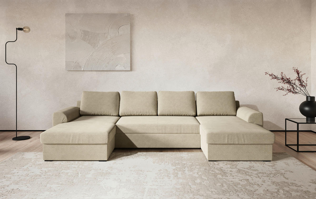 SJEDEĆA GARNITURA tekstil  bež   - bež/crna, Trend, tekstil/plastika (154/327/86cm) - MID.YOU