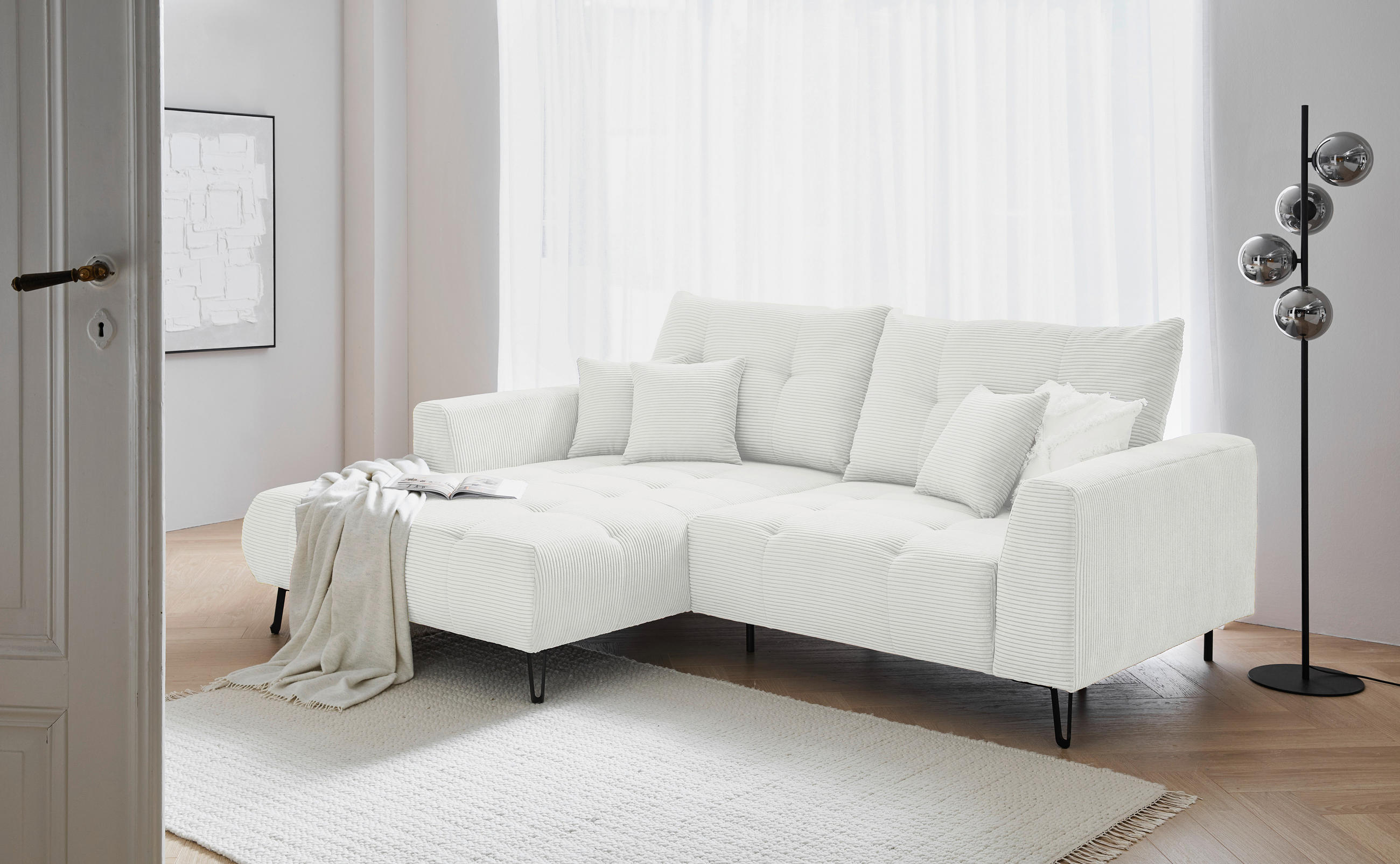 ECKSOFA Weiß Cord  - Schwarz/Weiß, KONVENTIONELL, Textil/Metall (185/250cm) - Carryhome