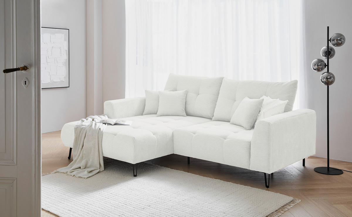 ECKSOFA in Cord Weiß  175/250 cm  - Schwarz/Weiß, KONVENTIONELL, Textil/Metall (175/250cm) - Carryhome