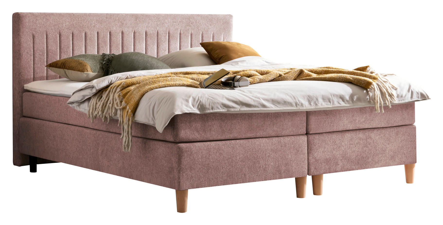 BOXSPRINGBETT 180/200 cm,  in Rosa, Matratze, Topper, H2 + H2 = mittel  - Buchefarben/Rosa, Basics, Holz/Textil (180/200cm) - Boxxx