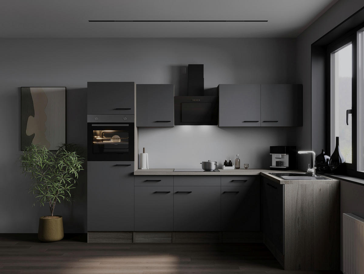 ECKKÜCHE 280/172 cm  in Grau, Eichefarben  - Eichefarben/Schwarz, Design, Holzwerkstoff/Metall (280/172cm) - Respekta