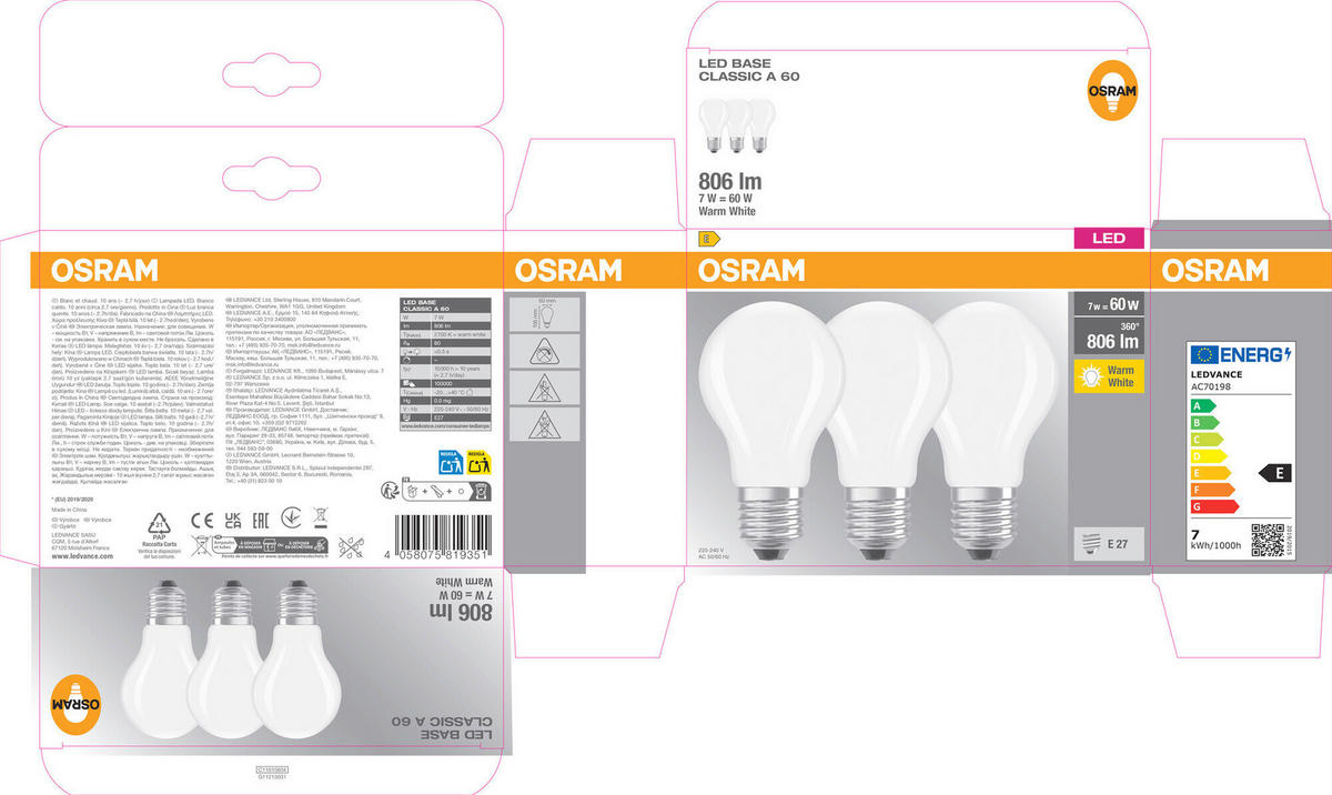 LED-LEUCHTMITTEL   E27 7 W 806 lm  - Weiß, Basics, Glas (6/10,5cm) - Osram