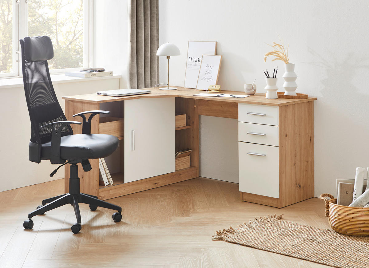 ECKSCHREIBTISCH 120/150/75 cm  in Weiß, Eichefarben  - Eichefarben/Alufarben, KONVENTIONELL, Holzwerkstoff/Kunststoff (120/150/75cm) - Venda