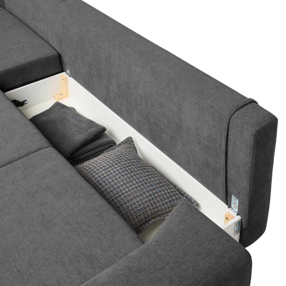 ECKSOFA inkl. Funktionen Grau Webstoff Rückenkissen, Bettkasten, Schlaffunktion, Rücken echt  - Wengefarben/Schwarz, Design, Holz/Textil (211/314cm) - Stylife