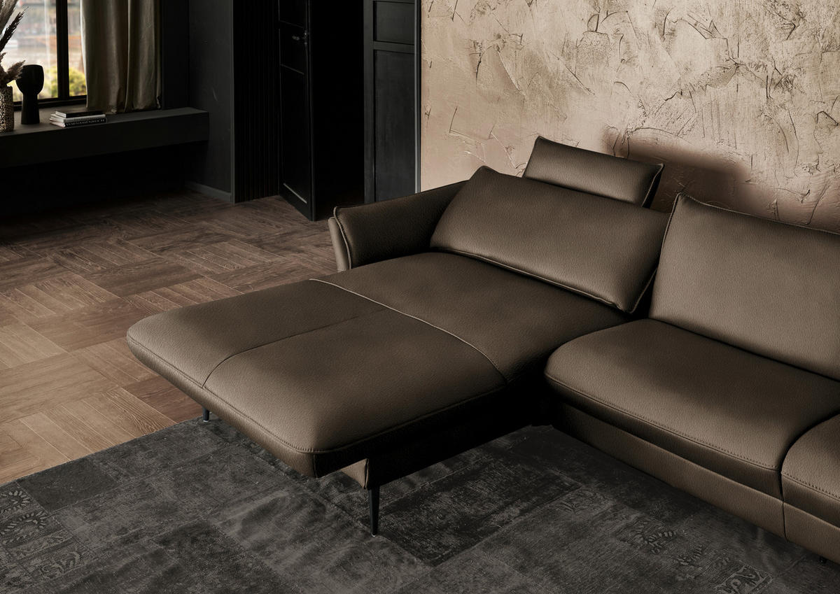 ECKSOFA in Echtleder Dunkelbraun  - Dunkelbraun/Schwarz, Design, Leder/Metall (172/334cm) - Hukla